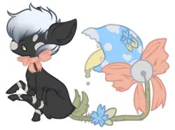 Size: 475x355 | Tagged: safe, alternate version, artist:axolotlshy, banned from derpibooru, deleted from derpibooru, derpibooru import, oc, oc:caduceus, oc:calliope, unofficial characters only, monster pony, original species, piranha plant pony, plant pony, :o, augmented tail, bell, blush sticker, blushing, bow, bowtie, colored, drool, male, open mouth, plant, simple background, sitting, tongue out, transparent background