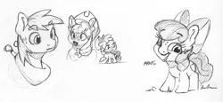 Size: 2371x1087 | Tagged: safe, artist:dilarus, banned from derpibooru, deleted from derpibooru, derpibooru import, apple bloom, applejack, big macintosh, earth pony, pony, apple, apple bloom's bow, applejack's hat, bow, cowboy hat, dialogue, female, filly, food, freckles, hair bow, hat, horse collar, male, mare, monochrome, simple background, stallion, that pony sure does love apples, traditional art, white background