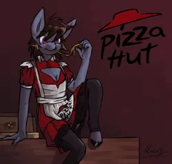 Size: 3102x2956 | Tagged: safe, artist:aliceg, banned from derpibooru, deleted from derpibooru, derpibooru import, oc, oc:aliceg, anthro, clothes, dress, food, maid, meme, pizza, pizza box, pizza hut, pizza hut maid dress