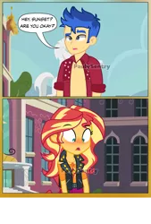 Size: 1919x2844 | Tagged: safe, artist:paulysentry, banned from derpibooru, deleted from derpibooru, derpibooru import, flash sentry, sunset shimmer, cheer you on, equestria girls, equestria girls series, spoiler:eqg series (season 2), 2 panel comic, blushing, canterlot high, clothes, comic, cute, dialogue, female, flashimmer, geode of empathy, magical geodes, male, open clothes, open shirt, shipping, speech bubble, straight