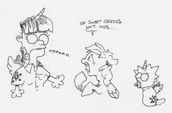 Size: 2146x1418 | Tagged: safe, artist:dilarus, banned from derpibooru, deleted from derpibooru, derpibooru import, rainbow dash, twilight sparkle, twilight sparkle (alicorn), alicorn, human, pegasus, pony, comic:the many faces of twilight sparkle, ..., baby, clothes, cutie mark, cutie mark on clothes, dialogue, female, floppy ears, humanized, maggie simpson, mare, monochrome, not salmon, scared, simple background, species swap, the simpsons, traditional art, wat, white background