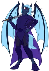 Size: 1792x2560 | Tagged: safe, artist:acesential, banned from derpibooru, deleted from derpibooru, derpibooru import, oc, oc:midnight harmony, unofficial characters only, anthro, bat pony, unguligrade anthro, armor, bat pony oc, bat wings, cape, clothes, fangs, female, helmet, simple background, solo, sword, transparent background, weapon, wings