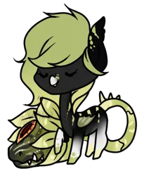 Size: 318x387 | Tagged: safe, artist:axolotlshy, banned from derpibooru, deleted from derpibooru, derpibooru import, oc, unofficial characters only, cow plant pony, monster pony, original species, plant pony, augmented tail, bat wings, chibi, eyes closed, fangs, plant, raised hoof, simple background, solo, thorns, transparent background, wings