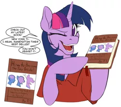 Size: 1920x1693 | Tagged: safe, artist:acesential, banned from derpibooru, deleted from derpibooru, derpibooru import, twilight sparkle, oc, oc:acesential, alicorn, pony, bipedal, book, clothes, dialogue, engrish, female, implied transformation, implied transgender transformation, mare, one eye closed, open mouth, polo shirt, simple background, solo, white background, wink