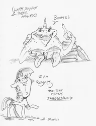 Size: 1590x2086 | Tagged: safe, artist:dilarus, banned from derpibooru, deleted from derpibooru, derpibooru import, twilight sparkle, pony, unicorn, comic:the many faces of twilight sparkle, book, bookhorse, dialogue, female, heart, mare, monochrome, not salmon, offscreen character, open mouth, signature, simple background, species swap, that pony sure does love books, traditional art, wat, white background