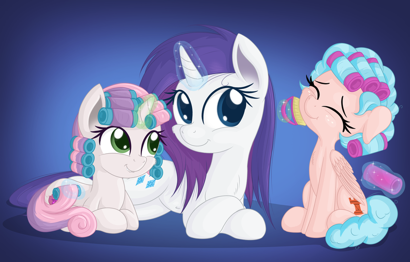 Size: 3176x2035 | Tagged: safe, alternate version, artist:vito, banned from derpibooru, deleted from derpibooru, derpibooru import, cozy glow, rarity, sweetie belle, pegasus, pony, unicorn, a better ending for cozy, brush, brushie, brushing, cozybetes, cozylove, cute, diasweetes, female, filly, glowing horn, gradient background, hair curlers, horn, lip bite, lying down, magic, mare, messy mane, prone, raribetes, sitting, sleepover, smiling, telekinesis