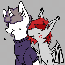 Size: 2048x2048 | Tagged: safe, artist:aliceg, banned from derpibooru, deleted from derpibooru, derpibooru import, oc, oc:boysenberry, oc:reddthebat, bat pony, unicorn, animated, clothes, commission, dot eyes, frame by frame, gif, kiss on the cheek, kissing, sweater, ych result