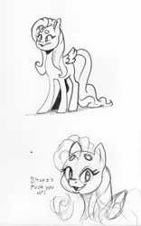 Size: 1392x2231 | Tagged: safe, artist:dilarus, banned from derpibooru, deleted from derpibooru, derpibooru import, fluttershy, pegasus, pony, beanbrows, dialogue, eyebrows, female, mare, monochrome, out of character, simple background, solo, tallershy, traditional art, vulgar, white background