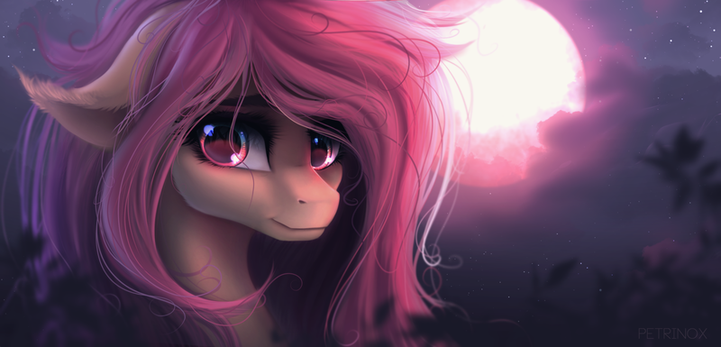 Size: 1808x871 | Tagged: safe, artist:petrinox, banned from derpibooru, deleted from derpibooru, derpibooru import, fluttershy, bat pony, pony, bat ponified, blood moon, bust, cloud, cute, ear fluff, female, floppy ears, flutterbat, full moon, looking at you, mare, messy mane, moon, night, portrait, race swap, shyabates, shyabetes, sky, solo, stars, stray strand, three quarter view