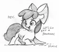 Size: 958x845 | Tagged: safe, artist:dilarus, banned from derpibooru, deleted from derpibooru, derpibooru import, apple bloom, earth pony, pony, the washouts (episode), apple bloom's bow, bananabloom, bow, dialogue, dishonorapple, female, hair bow, implied banana, mare, monochrome, simple background, traditional art, white background