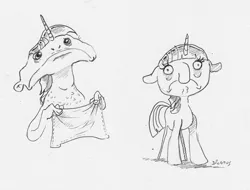 Size: 1701x1295 | Tagged: safe, artist:dilarus, banned from derpibooru, deleted from derpibooru, derpibooru import, twilight sparkle, anthro, pony, unicorn, comic:the many faces of twilight sparkle, female, floppy ears, frown, handkerchief, mare, monochrome, not salmon, simple background, sketch, solo, wat, white background