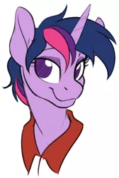 Size: 588x876 | Tagged: safe, artist:acesential, banned from derpibooru, deleted from derpibooru, derpibooru import, twilight sparkle, twilight sparkle (alicorn), oc, oc:acesential, alicorn, pony, bust, cute, female, hairstyle swap, implied transformation, implied transgender transformation, looking at you, mare, no pupils, polo shirt, questionable source, simple background, white background