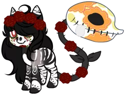 Size: 661x500 | Tagged: safe, artist:axolotlshy, banned from derpibooru, deleted from derpibooru, derpibooru import, oc, unofficial characters only, monster pony, original species, piranha plant pony, plant pony, augmented tail, base used, body painting, dia de los muertos, floral head wreath, flower, hair over one eye, plant, rose, simple background, smiling, solo, transparent background
