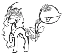 Size: 599x528 | Tagged: safe, artist:axolotlshy, banned from derpibooru, deleted from derpibooru, derpibooru import, oc, unofficial characters only, monster pony, original species, piranha plant pony, plant pony, :p, augmented tail, floral head wreath, flower, flower in hair, hair over one eye, lineart, monochrome, plant, raised hoof, rose, smiling, solo, tongue out