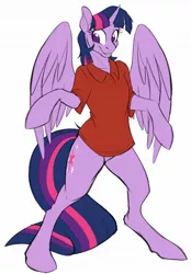 Size: 1280x1842 | Tagged: safe, artist:acesential, banned from derpibooru, deleted from derpibooru, derpibooru import, twilight sparkle, twilight sparkle (alicorn), oc, oc:acesential, alicorn, anthro, semi-anthro, unguligrade anthro, arm hooves, bipedal, clothes, featureless crotch, female, implied transformation, implied transgender transformation, polo shirt, simple background, smiling, solo, white background