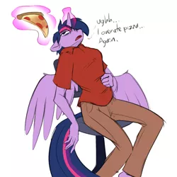 Size: 1280x1280 | Tagged: safe, artist:acesential, banned from derpibooru, deleted from derpibooru, derpibooru import, twilight sparkle, twilight sparkle (alicorn), oc, oc:acesential, alicorn, anthro, unguligrade anthro, clothes, female, food, implied transformation, implied transgender transformation, magic, meat, office chair, pants, pencil, pepperoni, pepperoni pizza, pizza, polo shirt, solo, wings
