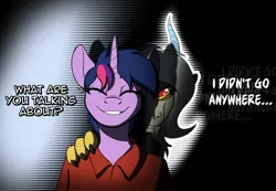 Size: 2048x1418 | Tagged: safe, artist:acesential, banned from derpibooru, deleted from derpibooru, derpibooru import, discord, twilight sparkle, oc, oc:acesential, anthro, black background, creepy, dialogue, duo, eris, eyes closed, implied transgender transformation, looking at you, polo shirt, rule 63, simple background, smiling