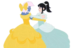 Size: 1024x676 | Tagged: safe, artist:verumteednp, banned from derpibooru, deleted from derpibooru, derpibooru import, oc, oc:azure/sapphire, oc:zaria deibele, equestria girls, beauty and the beast, belle, cinderella, crossdressing, dancing, equestria girls-ified, gowns, princess dresses, simple background, transparent background, yellow dress