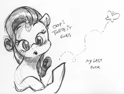 Size: 1533x1166 | Tagged: safe, artist:dilarus, banned from derpibooru, deleted from derpibooru, derpibooru import, rarity, butterfly, pony, unicorn, dialogue, female, mare, monochrome, no fucks, open mouth, simple background, traditional art, vulgar, white background