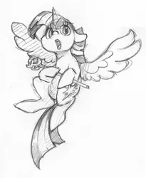 Size: 1268x1546 | Tagged: safe, artist:dilarus, banned from derpibooru, deleted from derpibooru, derpibooru import, twilight sparkle, twilight sparkle (alicorn), alicorn, pony, female, floppy ears, flying, mare, monochrome, open mouth, scepter, simple background, solo, traditional art, twilight scepter, white background