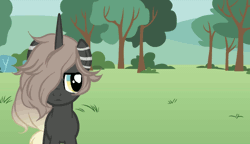 Size: 648x373 | Tagged: safe, artist:axolotlshy, banned from derpibooru, deleted from derpibooru, derpibooru import, oc, unofficial characters only, pony, unicorn, animated, blinking, gif, grin, hair over one eye, horn, male, pointing, smiling, stallion, text, underhoof, unicorn oc, vulgar