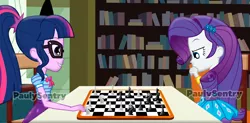 Size: 3348x1645 | Tagged: safe, artist:paulysentry, banned from derpibooru, deleted from derpibooru, derpibooru import, rarity, sci-twi, twilight sparkle, equestria girls, book, bookshelf, chess, library, obtrusive watermark, show accurate, watermark