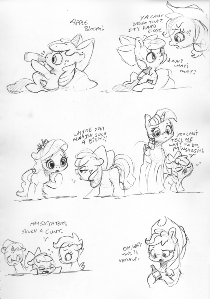 Size: 2386x3393 | Tagged: safe, artist:dilarus, banned from derpibooru, deleted from derpibooru, derpibooru import, apple bloom, applejack, diamond tiara, scootaloo, sweetie belle, twilight sparkle, twilight sparkle (alicorn), alicorn, earth pony, pegasus, pony, unicorn, apple bloom's bow, applejack's hat, bow, cowboy hat, dialogue, female, filly, freckles, hair bow, hat, mare, monochrome, simple background, traditional art, vulgar, what a twist, white background