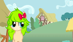 Size: 648x373 | Tagged: safe, artist:axolotlshy, banned from derpibooru, deleted from derpibooru, derpibooru import, oc, unofficial characters only, earth pony, pony, animated, blinking, bow, building, earth pony oc, female, gif, grin, hair bow, mare, pointing, ponyville, smiling, text, underhoof, vulgar