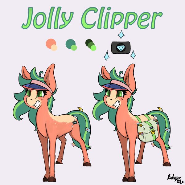 Size: 2000x2000 | Tagged: safe, artist:jiralightstalker, banned from derpibooru, deleted from derpibooru, derpibooru import, oc, oc:jolly clipper, earth pony, bag, coupon, cutie mark, dappled, earth pony oc, female, green eyes, green mane, hooves, messy mane, nostrils, orange hair, reference sheet, saddle bag, smiling, visor