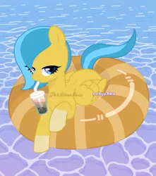 Size: 1800x2040 | Tagged: safe, artist:nebychko, artist:northerndawnart, banned from derpibooru, deleted from derpibooru, derpibooru import, oc, oc:ocean shore, pegasus, base used, bubble tea, inner tube, pegasus oc, summer, wings