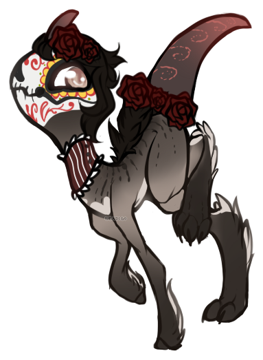 Size: 383x523 | Tagged: safe, artist:axolotlshy, banned from derpibooru, deleted from derpibooru, derpibooru import, oc, unofficial characters only, original species, choker, curved horn, face paint, flower, flower in hair, hoof fluff, horn, raised hoof, rose, simple background, solo, transparent background