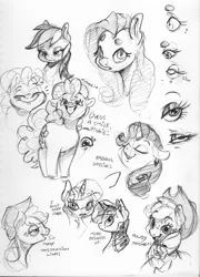 Size: 2404x3344 | Tagged: safe, artist:dilarus, banned from derpibooru, deleted from derpibooru, derpibooru import, applejack, fluttershy, pinkie pie, rainbow dash, rarity, twilight sparkle, twilight sparkle (alicorn), alicorn, earth pony, pegasus, pony, unicorn, applejack's hat, beanbrows, breaking the fourth wall, cowboy hat, dialogue, eyebrows, eyes closed, female, floppy ears, freckles, hat, howdy, mane six, mare, monochrome, onomatopoeia, open mouth, plump, simple background, sketch, smoldash, tallershy, traditional art, white background