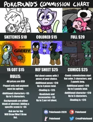 Size: 1089x1435 | Tagged: safe, artist:pokefound, banned from derpibooru, deleted from derpibooru, derpibooru import, gabby, oc, oc:ponyfound, bear, cat, panda, rabbit, advertisement, animal, comic, commission, commission info, furry, furry oc