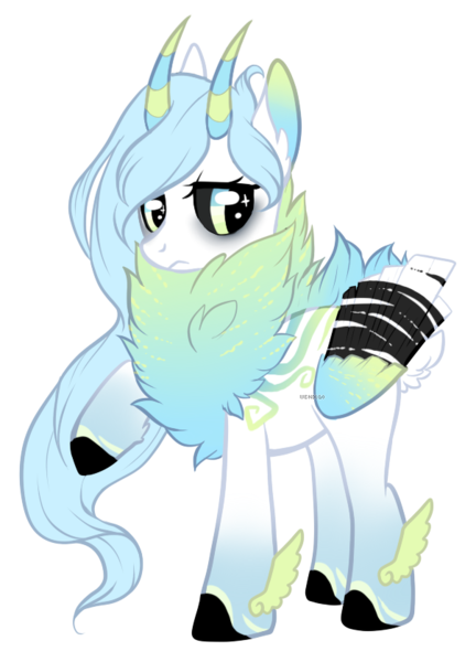Size: 603x838 | Tagged: safe, artist:axolotlshy, banned from derpibooru, deleted from derpibooru, derpibooru import, oc, unofficial characters only, original species, chest fluff, colored hooves, female, horn, raised hoof, simple background, solo, transparent background, wings