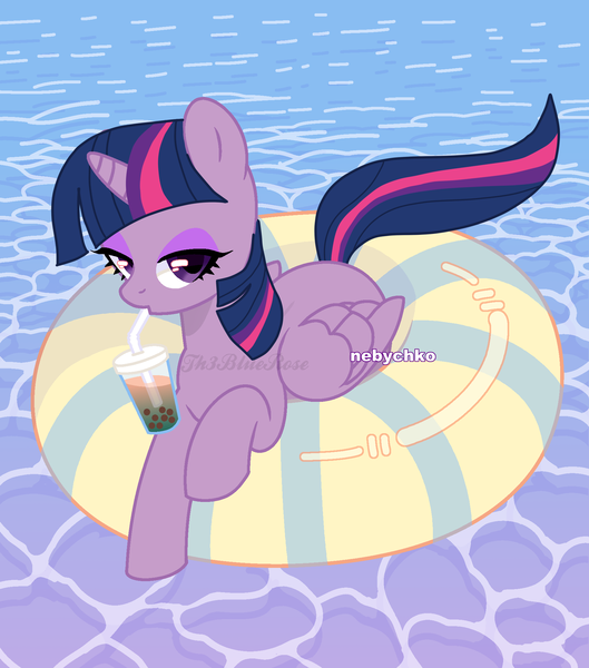 Size: 1800x2040 | Tagged: safe, artist:northerndawnart, banned from derpibooru, deleted from derpibooru, derpibooru import, twilight sparkle, twilight sparkle (alicorn), alicorn, pony, base used, bedroom eyes, bubble tea, commission, cute, drinking, eyeshadow, female, image, inner tube, makeup, mare, obtrusive watermark, png, solo, summer, swimming pool, twiabetes, watermark, ych result