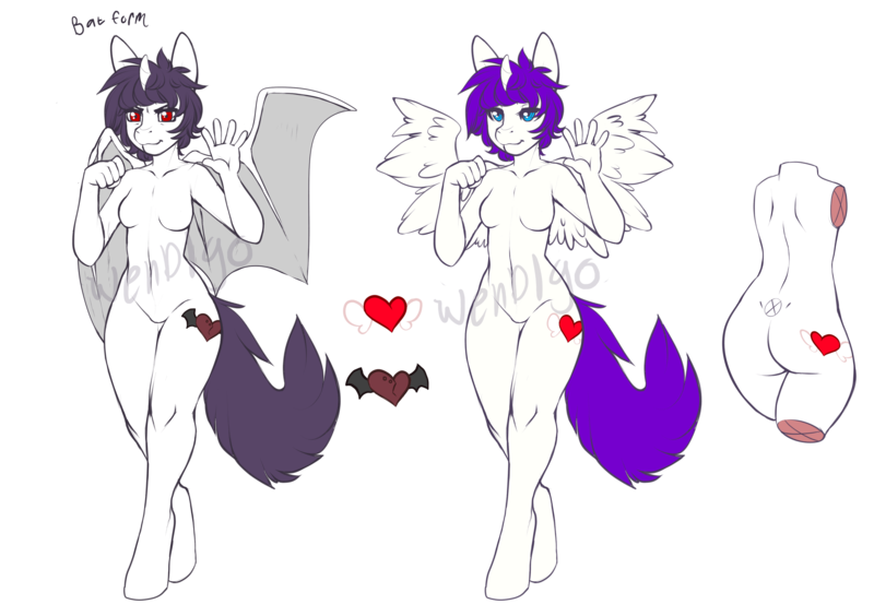 Size: 2916x2056 | Tagged: safe, artist:axolotlshy, banned from derpibooru, deleted from derpibooru, derpibooru import, oc, oc:mandy, unofficial characters only, alicorn, anthro, bat pony, bat pony alicorn, unguligrade anthro, alicorn oc, base used, bat wings, breasts, featureless breasts, heart, horn, nudity, red eyes, reference sheet, simple background, spread wings, transparent background, wings