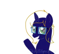 Size: 787x720 | Tagged: safe, artist:northerndawnart, banned from derpibooru, deleted from derpibooru, derpibooru import, oc, oc:time vortex (th3bluerose), unofficial characters only, alicorn, alicorn oc, glasses, horn, looking at you, simple background, smiling, teaser, teaser art, waving, white background, wings, wip