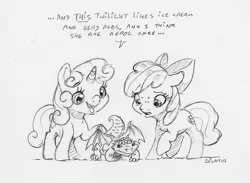 Size: 1997x1465 | Tagged: safe, artist:dilarus, banned from derpibooru, deleted from derpibooru, derpibooru import, apple bloom, sweetie belle, twilight sparkle, earth pony, lizard, pony, unicorn, comic:sweetie belle—master of twilights, comic:the many faces of twilight sparkle, ..., bat wings, black and white, dialogue, female, filly, freckles, grayscale, horn, monochrome, simple background, sketch, species swap, traditional art, wat, white background, wings