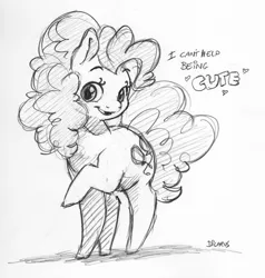 Size: 1851x1946 | Tagged: safe, artist:dilarus, banned from derpibooru, deleted from derpibooru, derpibooru import, pinkie pie, earth pony, pony, cute, dialogue, diapinkes, female, heart, looking at you, mare, monochrome, raised leg, signature, simple background, solo, traditional art, truth, white background