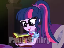 Size: 4776x3582 | Tagged: safe, artist:paulysentry, banned from derpibooru, deleted from derpibooru, derpibooru import, sci-twi, twilight sparkle, equestria girls, book, cute, obtrusive watermark, pillow, solo, sunset's journal, watermark