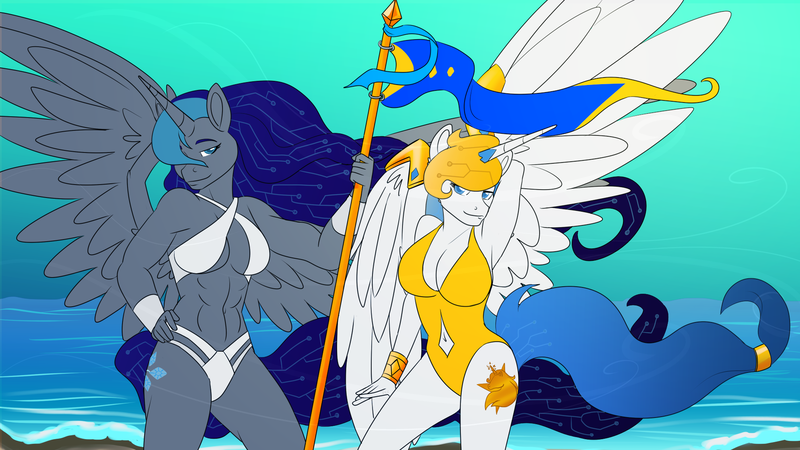 Size: 1920x1080 | Tagged: suggestive, artist:verumteednp, banned from derpibooru, deleted from derpibooru, derpibooru import, oc, alicorn, anthro, abs, alicorn oc, anthro oc, armpits, big breasts, bikini, bocas top, breasts, clothes, digital art, female, horn, one-piece swimsuit, smiling, swimsuit, wings