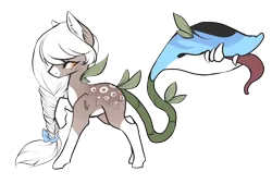 Size: 1500x1015 | Tagged: safe, artist:axolotlshy, banned from derpibooru, deleted from derpibooru, derpibooru import, oc, unofficial characters only, monster pony, original species, piranha plant pony, plant pony, augmented tail, bow, braid, fangs, hair bow, markings, pale belly, plant, raised hoof, simple background, socks (coat marking), tongue out, transparent background