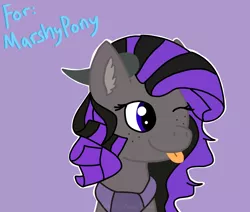 Size: 1024x868 | Tagged: safe, artist:northerndawnart, banned from derpibooru, deleted from derpibooru, derpibooru import, oc, oc:marshypony, unofficial characters only, earth pony, :p, bust, clothes, fluffy, freckles, horn, one eye closed, purple background, request, scarf, simple background, tongue out, wink