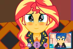 Size: 12134x8089 | Tagged: safe, artist:paulysentry, banned from derpibooru, deleted from derpibooru, derpibooru import, flash sentry, sunset shimmer, equestria girls, blushing, female, flashimmer, geode of empathy, magical geodes, male, shipping, straight, webcam