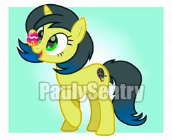 Size: 2098x1707 | Tagged: safe, artist:paulysentry, banned from derpibooru, deleted from derpibooru, derpibooru import, oc, oc:pauly sentry, pony, unicorn, blue background, easter, easter egg, holiday, obtrusive watermark, simple background, solo, watermark