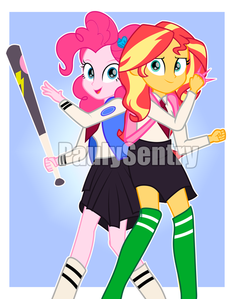 Size: 7148x9135 | Tagged: safe, artist:paulysentry, banned from derpibooru, deleted from derpibooru, derpibooru import, pinkie pie, sunset shimmer, equestria girls, baseball bat, clothes, commission, river city girls, socks