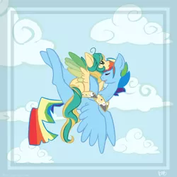 Size: 1000x1000 | Tagged: safe, artist:ponns, banned from derpibooru, deleted from derpibooru, derpibooru import, rainbow dash, oc, oc:quill quiver, pegasus, pony, cloud, duo, eyes closed, female, flying, hug, male, mare, pegasus oc, rainbow blitz, rule 63, scared, siblings, stallion, story included, wings