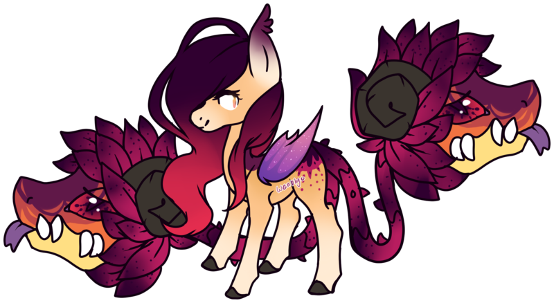 Size: 2071x1133 | Tagged: safe, artist:axolotlshy, banned from derpibooru, deleted from derpibooru, derpibooru import, oc, unofficial characters only, cow plant pony, monster pony, original species, plant pony, augmented tail, bat wings, colored hooves, fangs, multiple heads, plant, simple background, tongue out, transparent background, wings