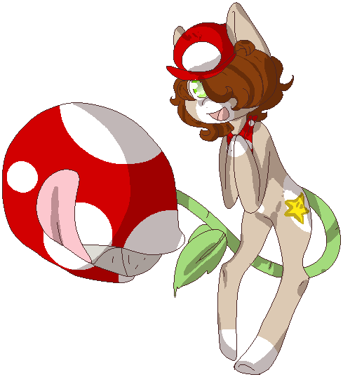 Size: 489x538 | Tagged: safe, artist:ponns, banned from derpibooru, deleted from derpibooru, derpibooru import, oc, unofficial characters only, anthro, monster pony, original species, piranha plant pony, plant pony, unguligrade anthro, :d, augmented tail, bipedal, hair over one eye, hat, licking, licking lips, mario, plant, simple background, smiling, socks (coat marking), stars, super mario bros., tongue out, transparent background, underhoof