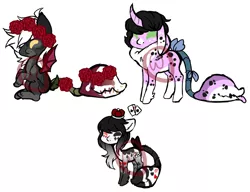 Size: 1178x907 | Tagged: safe, artist:axolotlshy, banned from derpibooru, deleted from derpibooru, derpibooru import, oc, unofficial characters only, monster pony, original species, piranha plant pony, plant pony, augmented tail, card, chest fluff, chibi, crown, curved horn, floral head wreath, flower, flower in hair, heterochromia, hoof fluff, horn, jewelry, plant, regalia, simple background, sitting, tongue out, unshorn fetlocks, white background